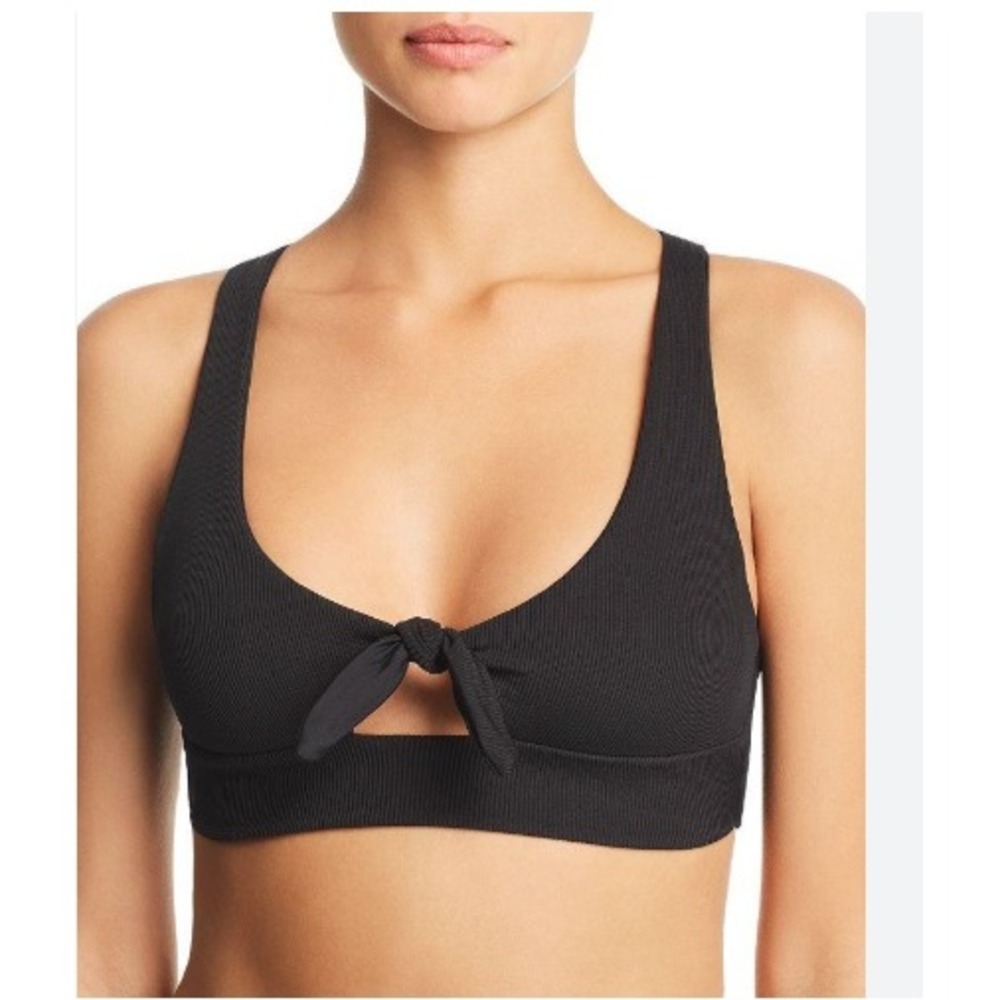 L*Space Tara Ribbed Bikini Top Black XS/TP Tie Front Racerback Swimsuit‎